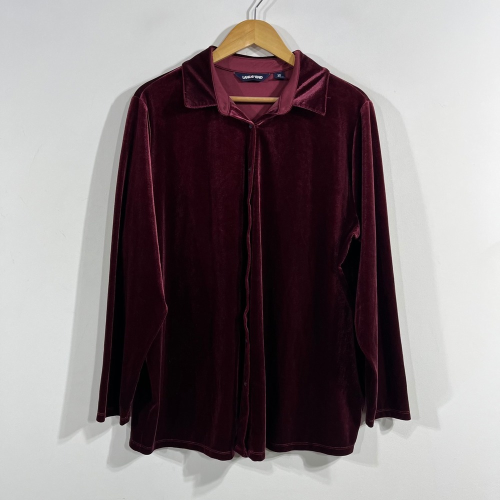 Lands End Fairy Grunge Whimsigoth Burgundy Velvet Button Down Shirt Womens 2x